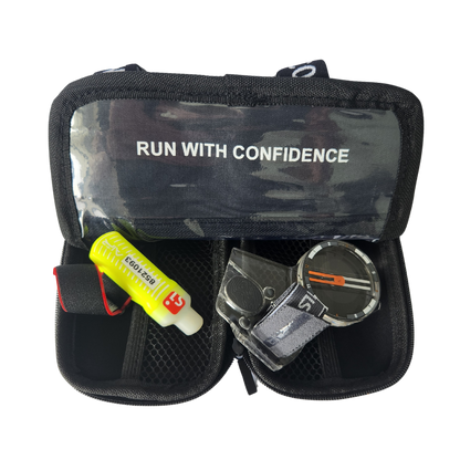 Product image showing control description holder, SPORTident, compass and a compass case.