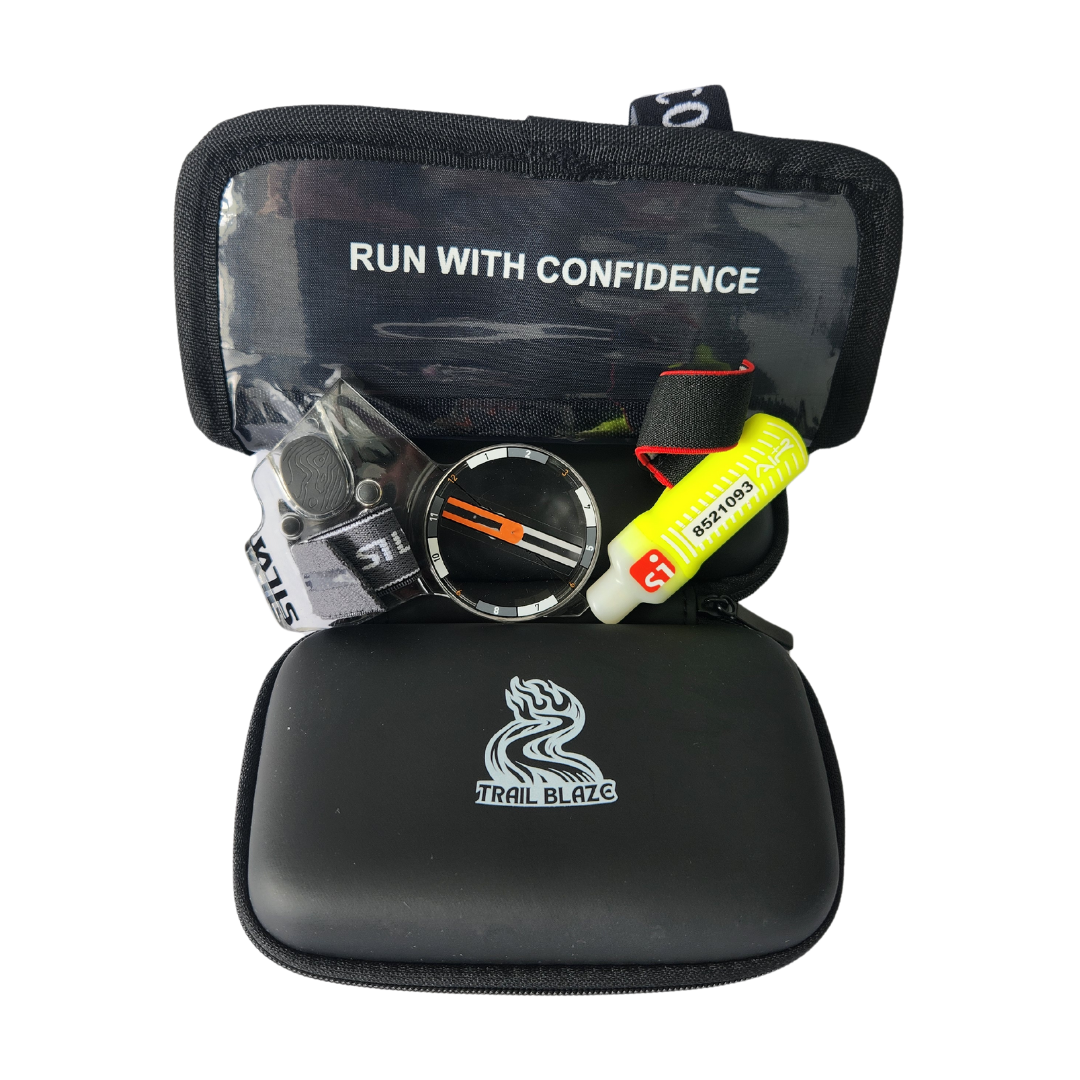 Product image showing control description holder, SPORTident, compass and a compass case.