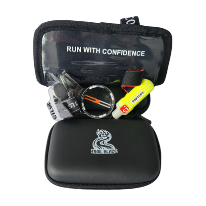 Product image showing control description holder, SPORTident, compass and a compass case.