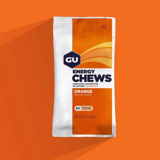 Product Image of GU Energy chew with an orange background