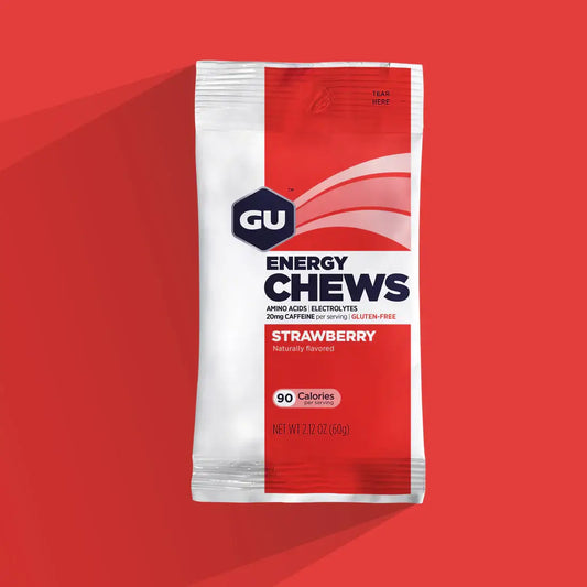 Product image of GU Energy Chews strawberry with a red background
