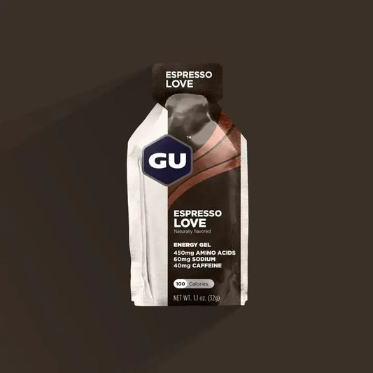 Product image of GU Energy Gel with a brown/black background