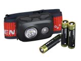 Secondary image of head torch showing small black box with two bulbs, red strap and also shows included 3x AAA batteries