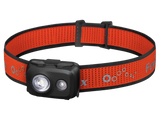 Main Image of head torch. Red strap with small headtorch with two bulbs on the front