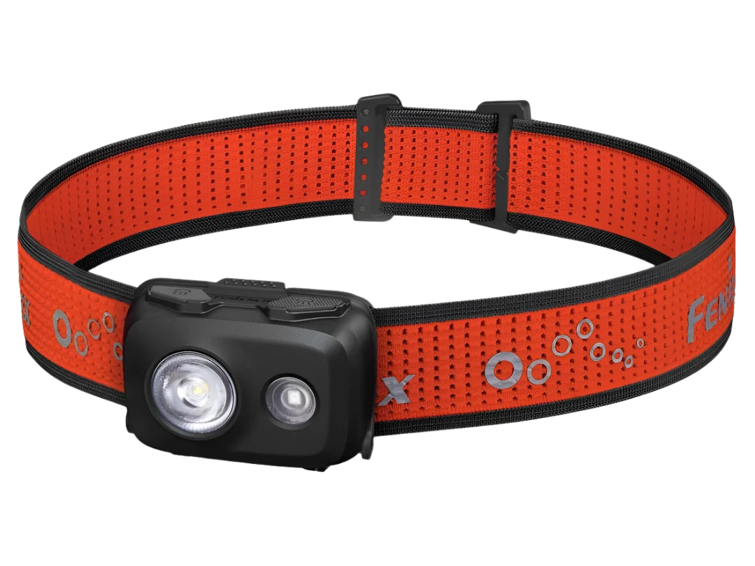 Main Image of head torch. Red strap with small headtorch with two bulbs on the front