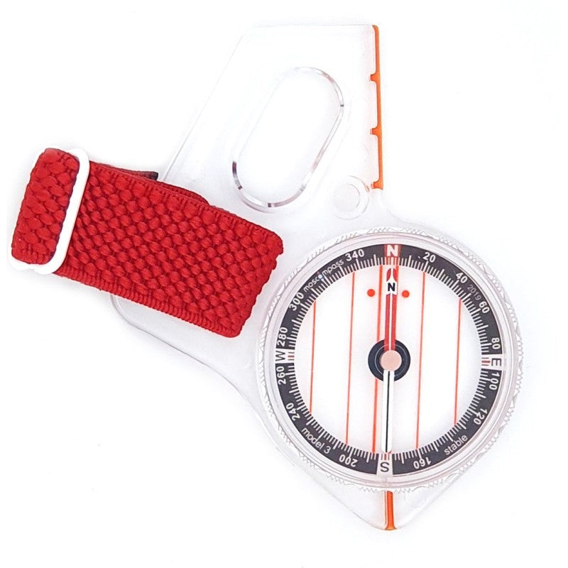 Image showing picture of O-Compass Model three. A thumb compass made for orienteering with a red strap